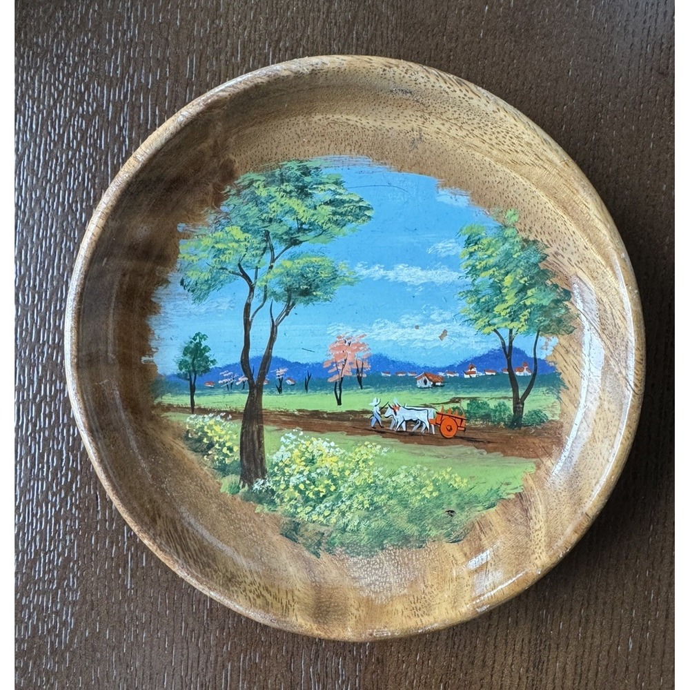 Vintage 1968 Hand Painted Wooden Bowl Costa Rica Asian Scene Ox Cart 6.5"